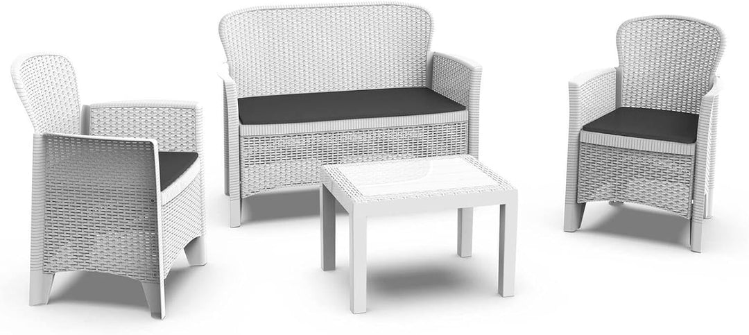 Dmora - Outdoor-Lounge-Set Ostuni, Gartengarnitur mit 2 Sesseln, 1 Sofa und 1 Couchtisch, Sitzecke i