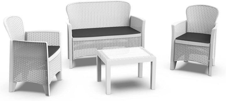 Dmora - Outdoor-Lounge-Set Ostuni, Gartengarnitur mit 2 Sesseln, 1 Sofa und 1 Couchtisch, Sitzecke i