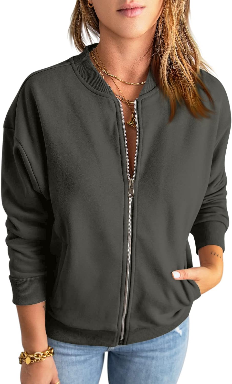GeGekoko Zip Sweatshirt Damen übergrosse Jacket Sweatshirt Einfarbige Loose Langarm Tops Oberteile m
