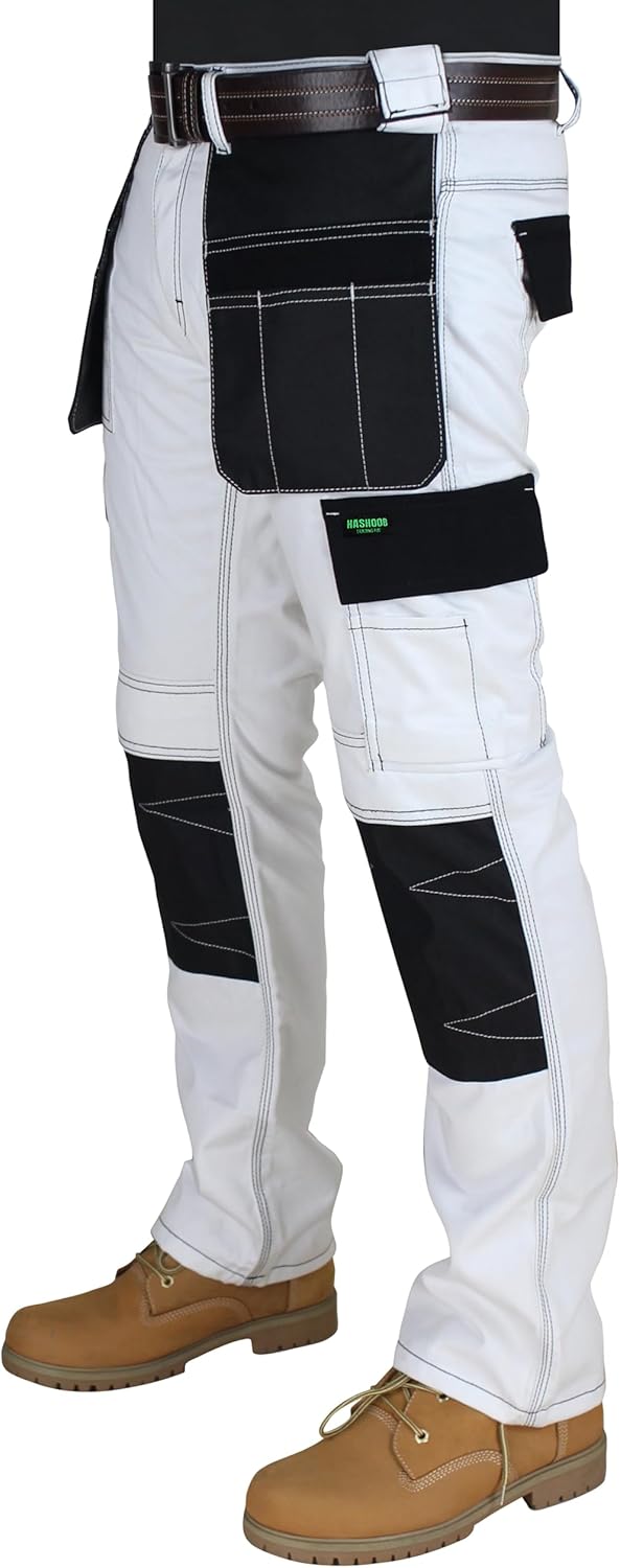 HASHOOB Herren Arbeitshose Maler Dekorateure Weisse Cargohose Pants Weiss-2 38W / 30L, Wei&#xDF;-2 3