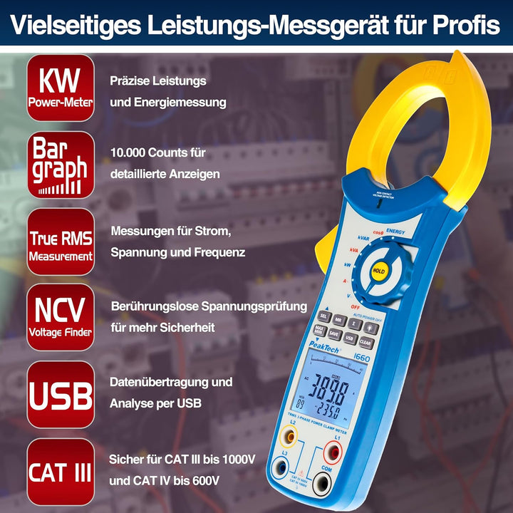 PeakTech P 1660 3-Phasen Stromzange / Digital-Leistungsstromzange 1000 A mit USB max. 750 kW / Energ