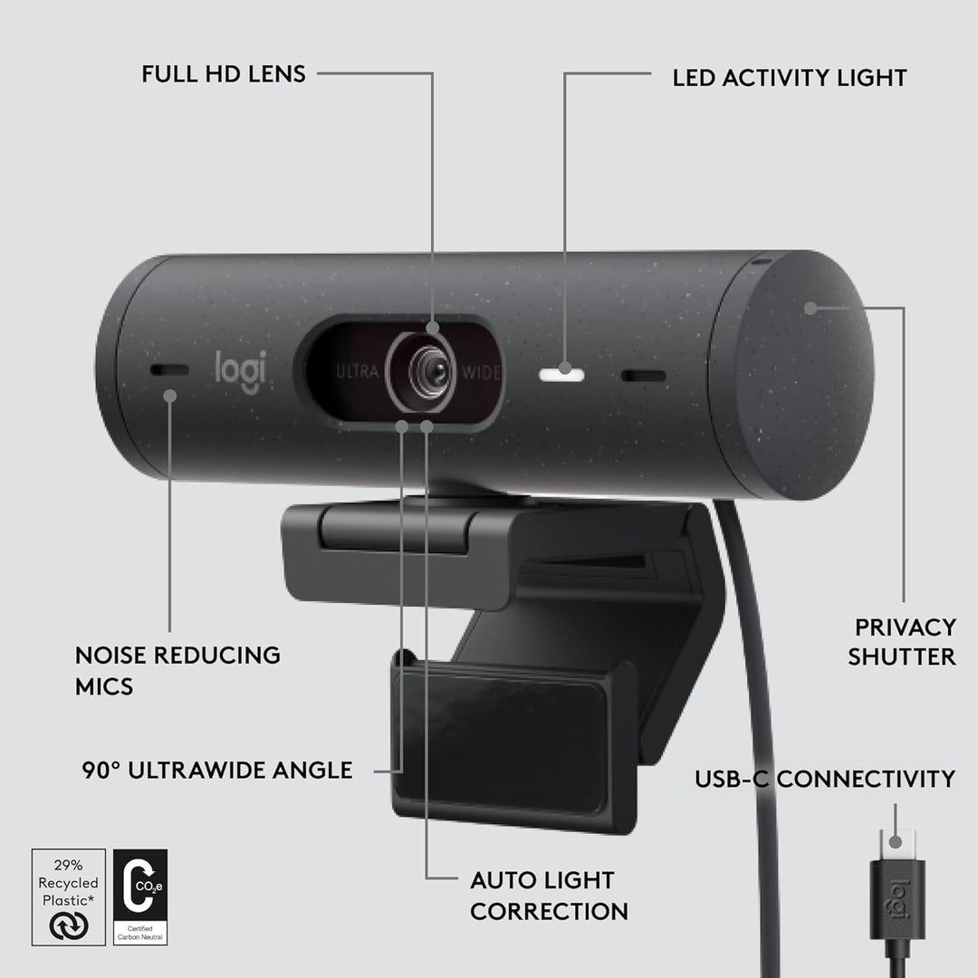 Logitech Brio 500 Full HD Webcam mit automatischer Lichtkorrektur, Show-Modus, Dual-Rauschunterdrück