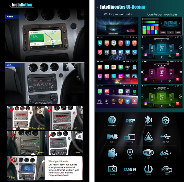 Erisin 8-Kern 4GB RAM+64GB ROM Android 12.0 Autoradio Mit GPS Navi für Alfa Romeo 159 Sportwagon Bre