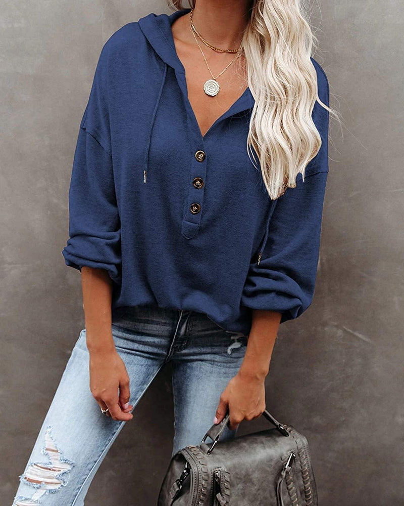 VIGVAN Kapuzenpullover Damen Hoodie Langarm V-Ausschnitt Pullover Knopfleiste Henley Sweatshirt mit