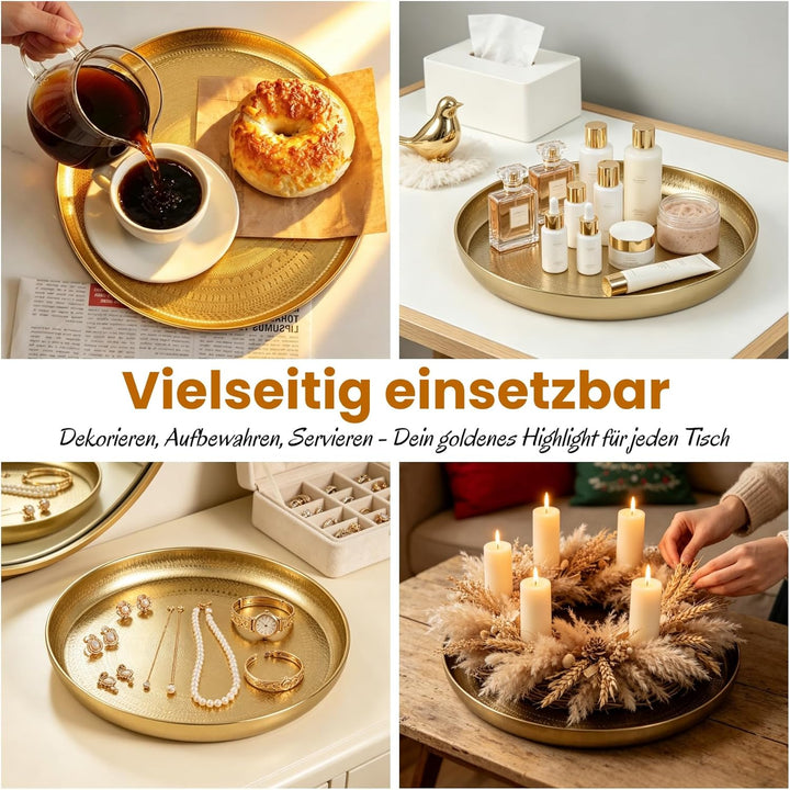 JAZUIHA Deko Tablett Rund 2er Set, Dekoschale Gold aus Metall, Dekorative Tablett Ø 34 cm, Goldener