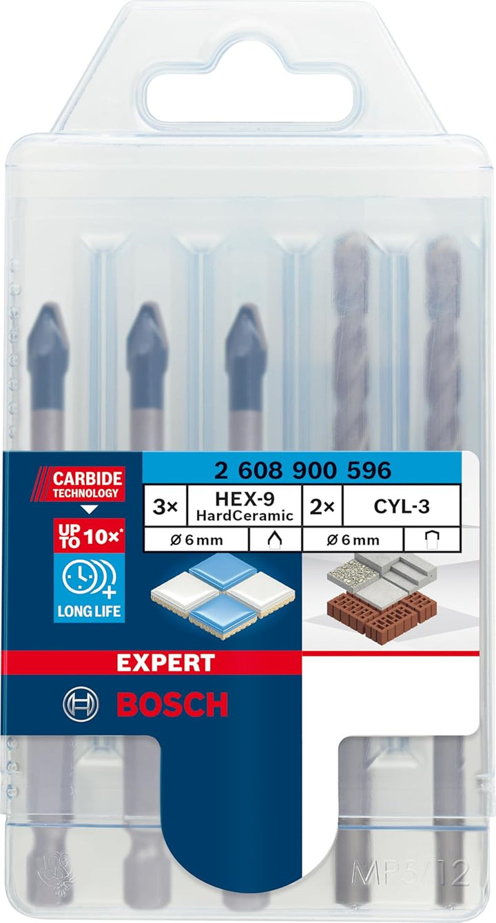 Bosch Professional 5tlg. Expert HEX-9/CYL-3 HardCeramic Bohrer Set (für Dachziegel, Fliesen, Ø 6 mm,
