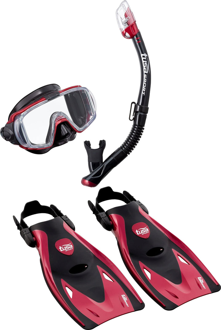 TUSA Schnorchelset Visio Travel - Taucherbrille Tauchmaske Trockenschnorchel Flossen Tasche Erwachse