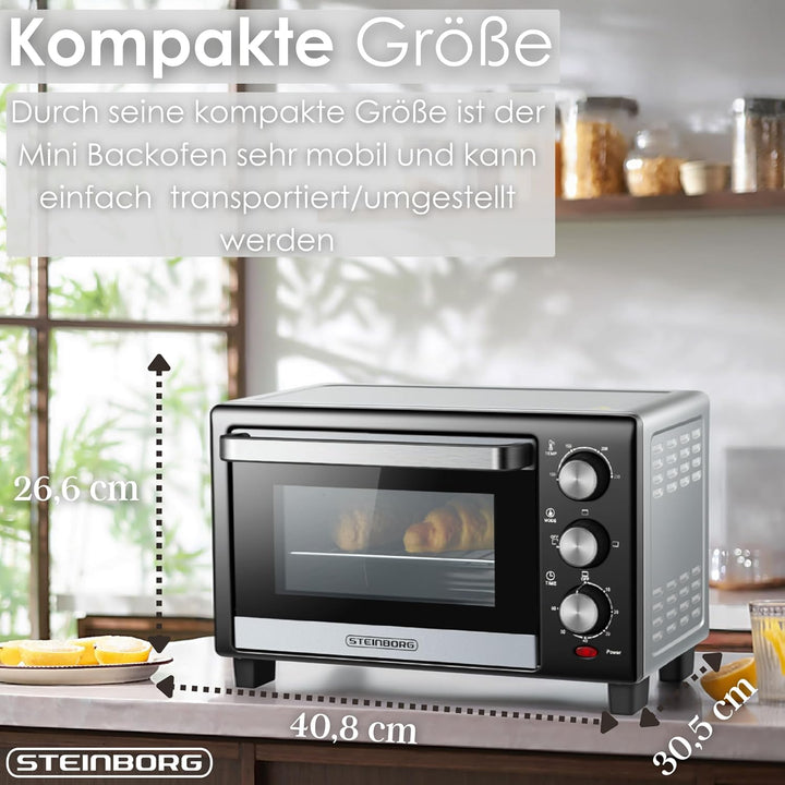 Mini Backofen 15 Liter | Pizzaofen | Minibackofen | 60 min Timer | 100°-230°C | 1200 Watt | Backofen