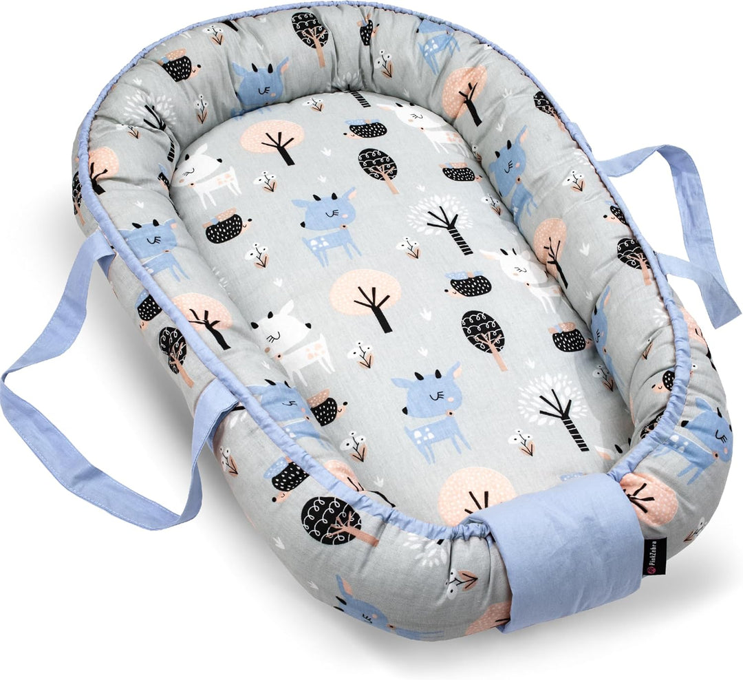 PinkZebra Tragetasche,2 in 1 Tragetasche, Tragenest Kokon aus Baumwolle, Bambi Blau, Bambi Blau