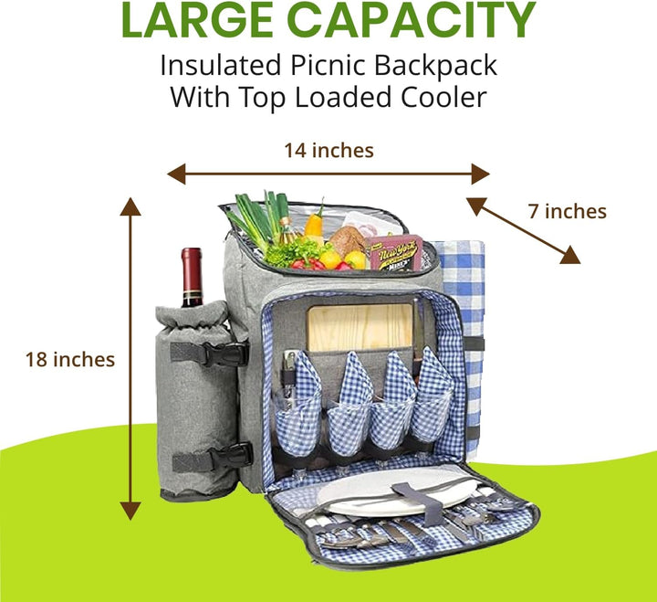 Nature Gear XL Picnic Backpack - Classic 4 Person Insulated Design - Waterproof Blanket and Full Cut