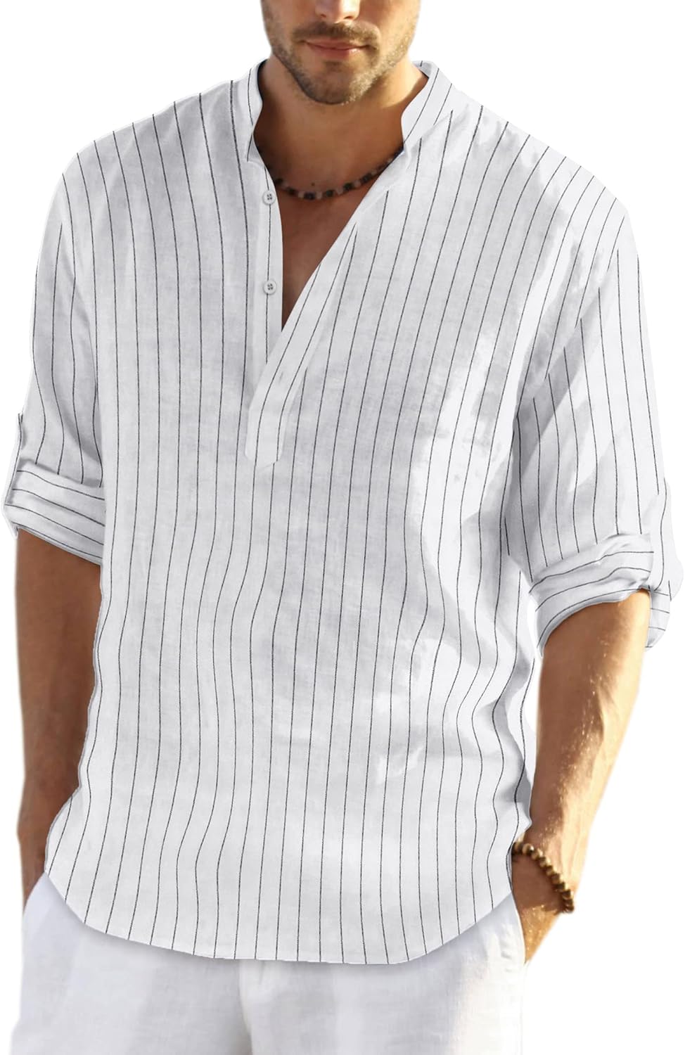 COOFANDY Herren Hemd Langarm Henley Shirt Leinenhemd Baumwolle Casual Regular Fit Sommerhemd M Weiss