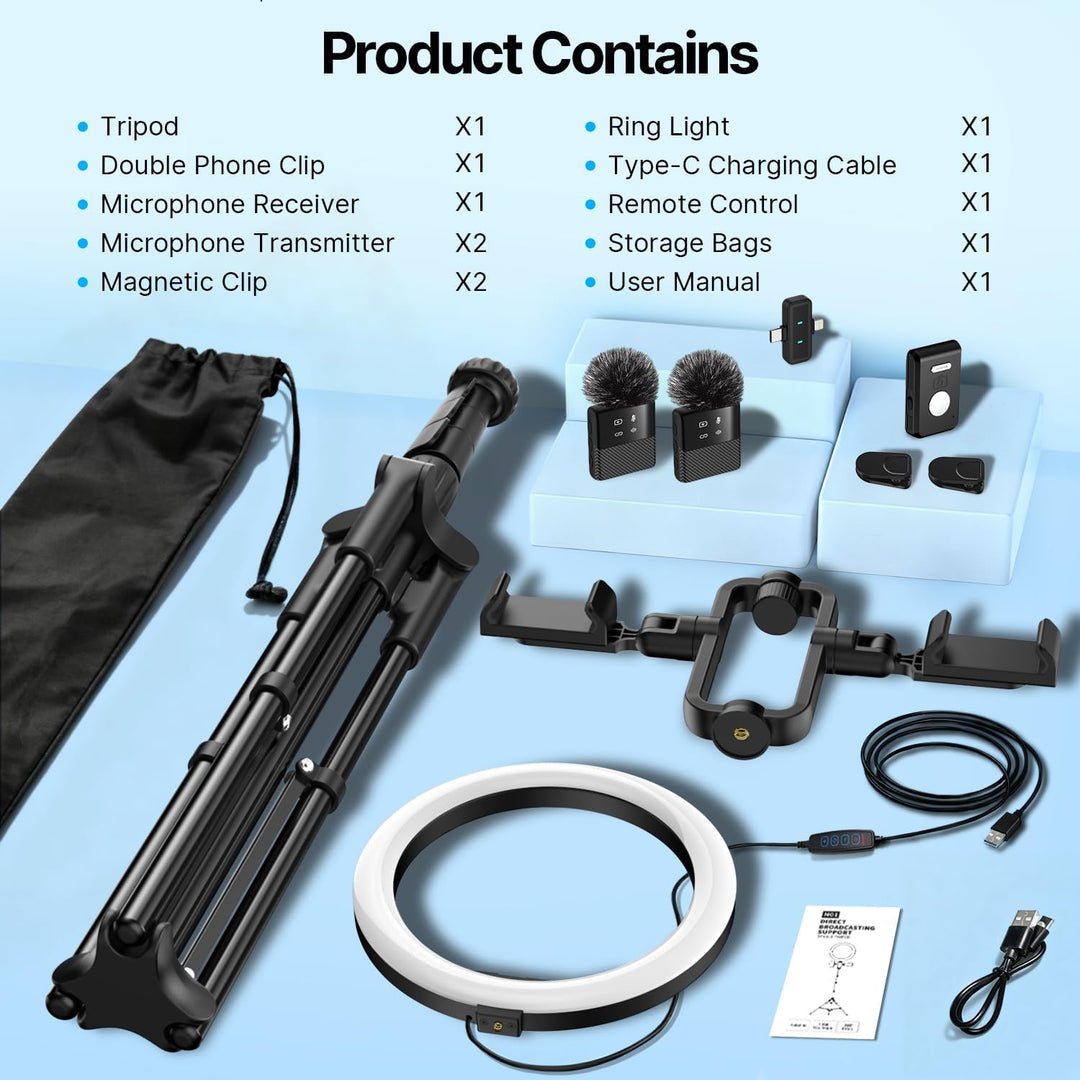yAyusi Vlogging Kit für iPhone/Android, 198 cm Ausziehbares Stativ mit Magnetischem Mikrofon/Ringlic