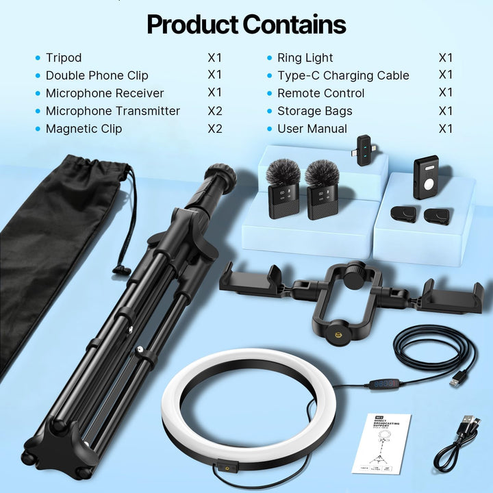 yAyusi Vlogging Kit für iPhone/Android, 198 cm Ausziehbares Stativ mit Magnetischem Mikrofon/Ringlic