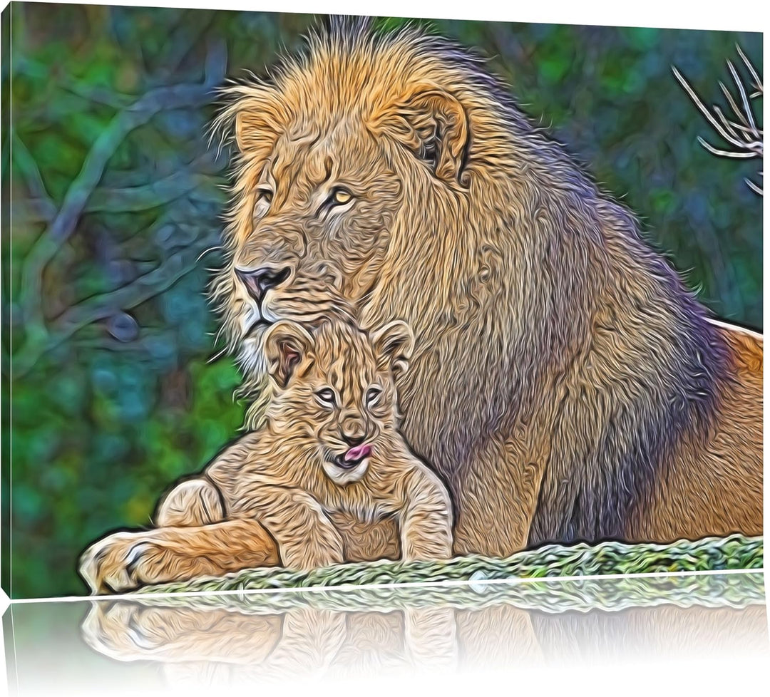 lieber Löwe mit Jungtier Deluxe Format: 100x70 cm auf Leinwand, XXL riesige Bilder fertig gerahmt mi