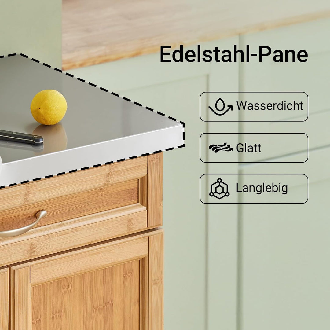 SoBuy FKW13-N Küchenwagen aus hochwertigem Bambus mit Edelstahltop Kücheninsel Küchenschrank Rollwag