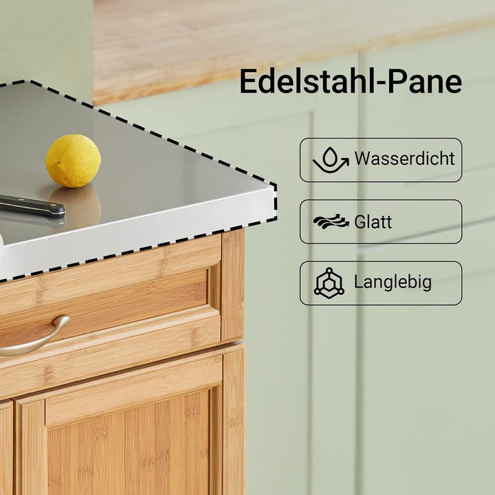 SoBuy FKW13-N Küchenwagen aus hochwertigem Bambus mit Edelstahltop Kücheninsel Küchenschrank Rollwag