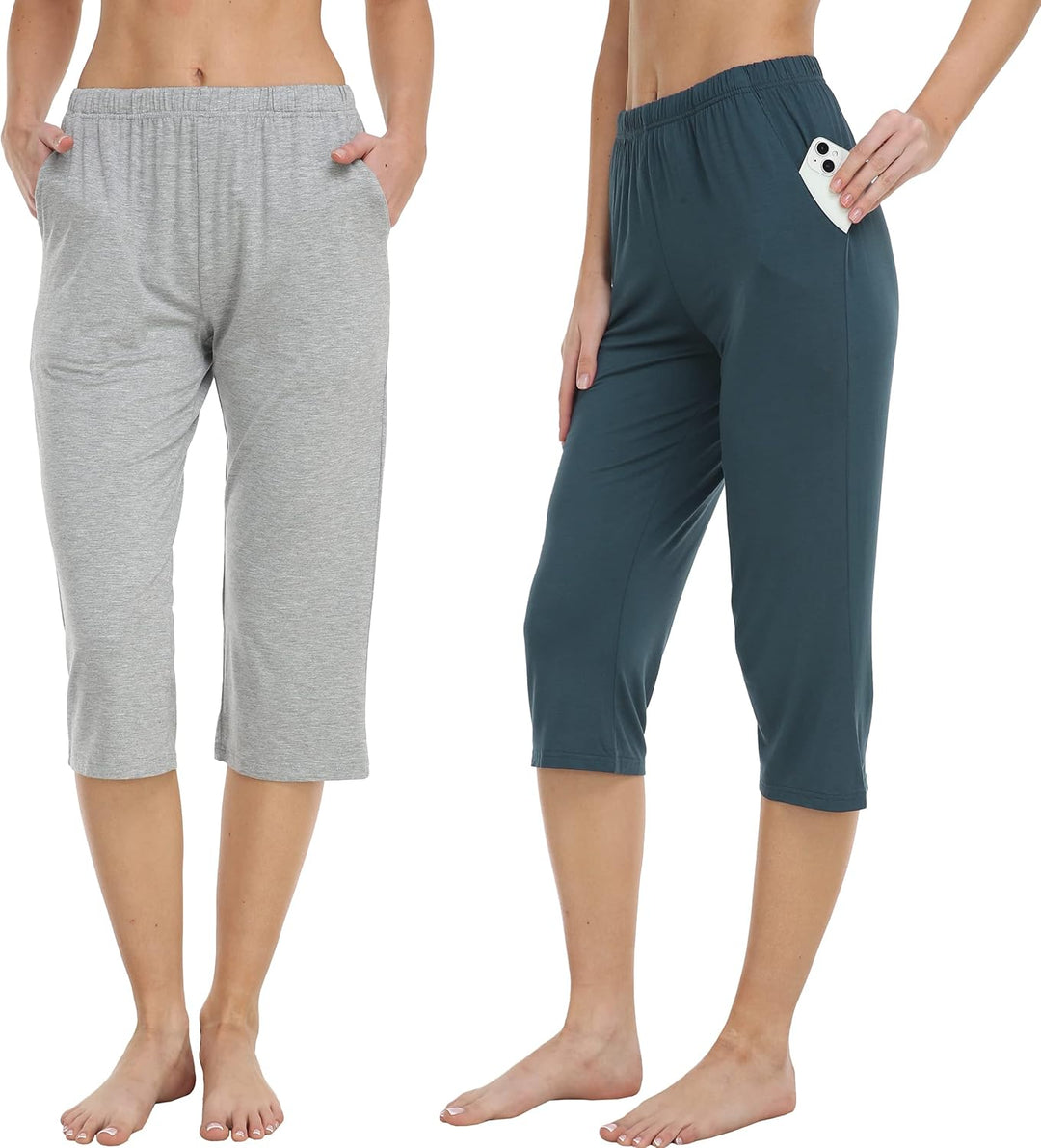 MoFiz Damen Schlafanzughose 3/4 Lang Schlafhose Modal Nachtwäsche Weich Pyjamahose Freizeithose mit