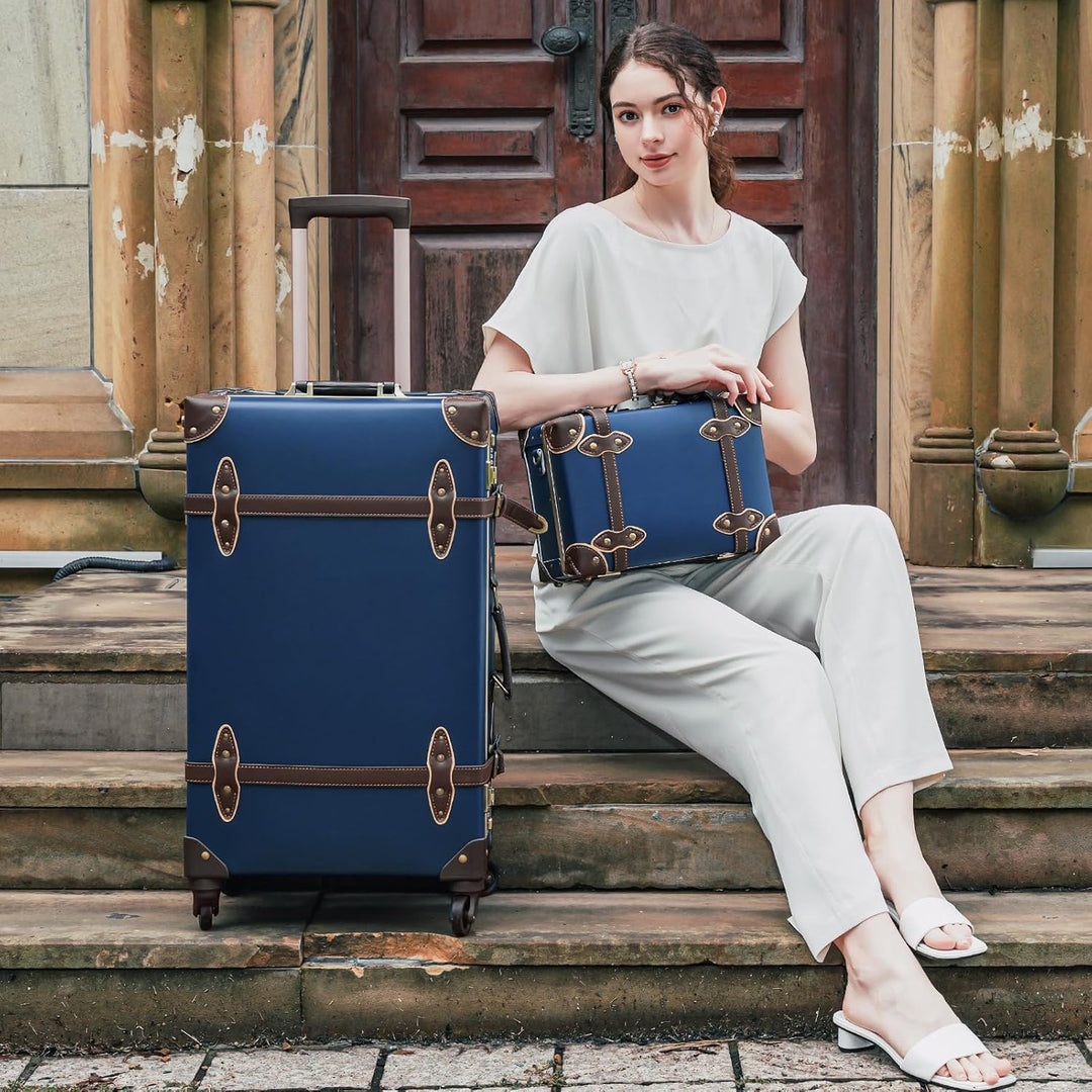 Urecity Koffer Vintage mit 4 Rollen Trolley Koffer Reisekoffer Leicht Retro Hartschalen Koffer 2-Tei