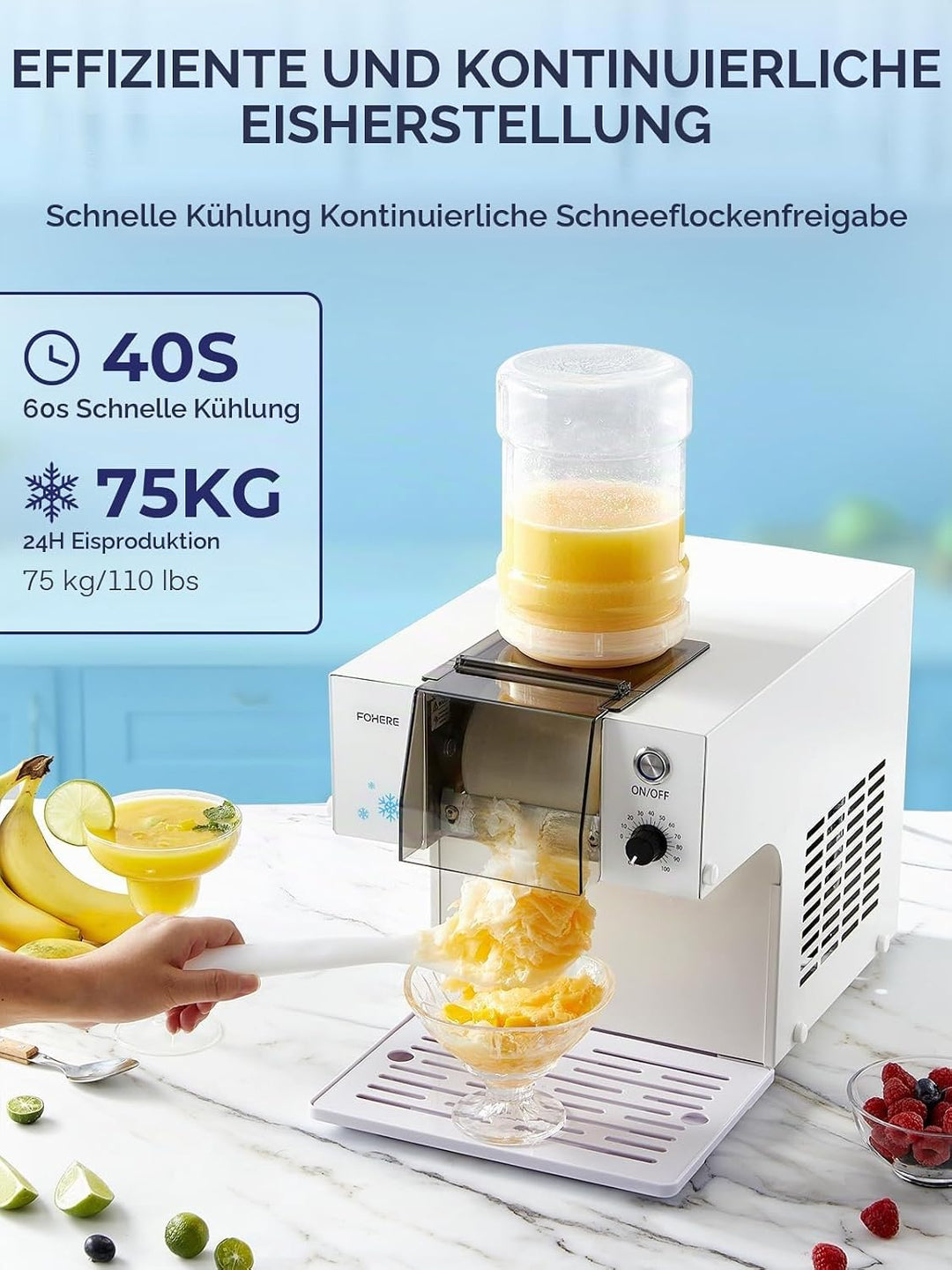 FOHERE Schneeflocken-Eismaschine Schneeeisbereiter, 60kg/24H Schneeflocken-Eismaschine Geschwindigke