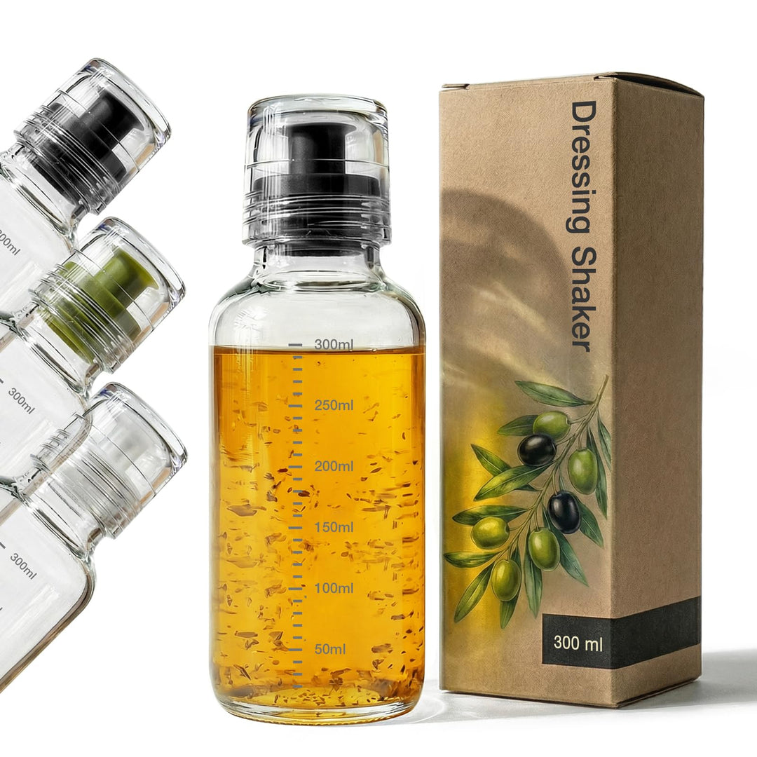 Dressingshaker aus Glas mit Skalierung 300ml | Dressing Behälter mit tropffreien Ausguss, spülmaschi