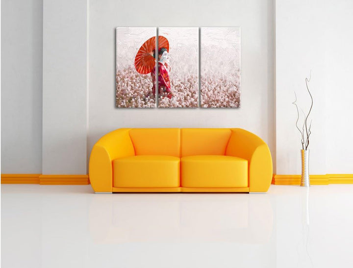 Pixxprint Geisha auf dem Feld Kunst als Leinwandbild/Grösse: 3 Teilig (120x80) cm/Wandbild/Kunstdruc