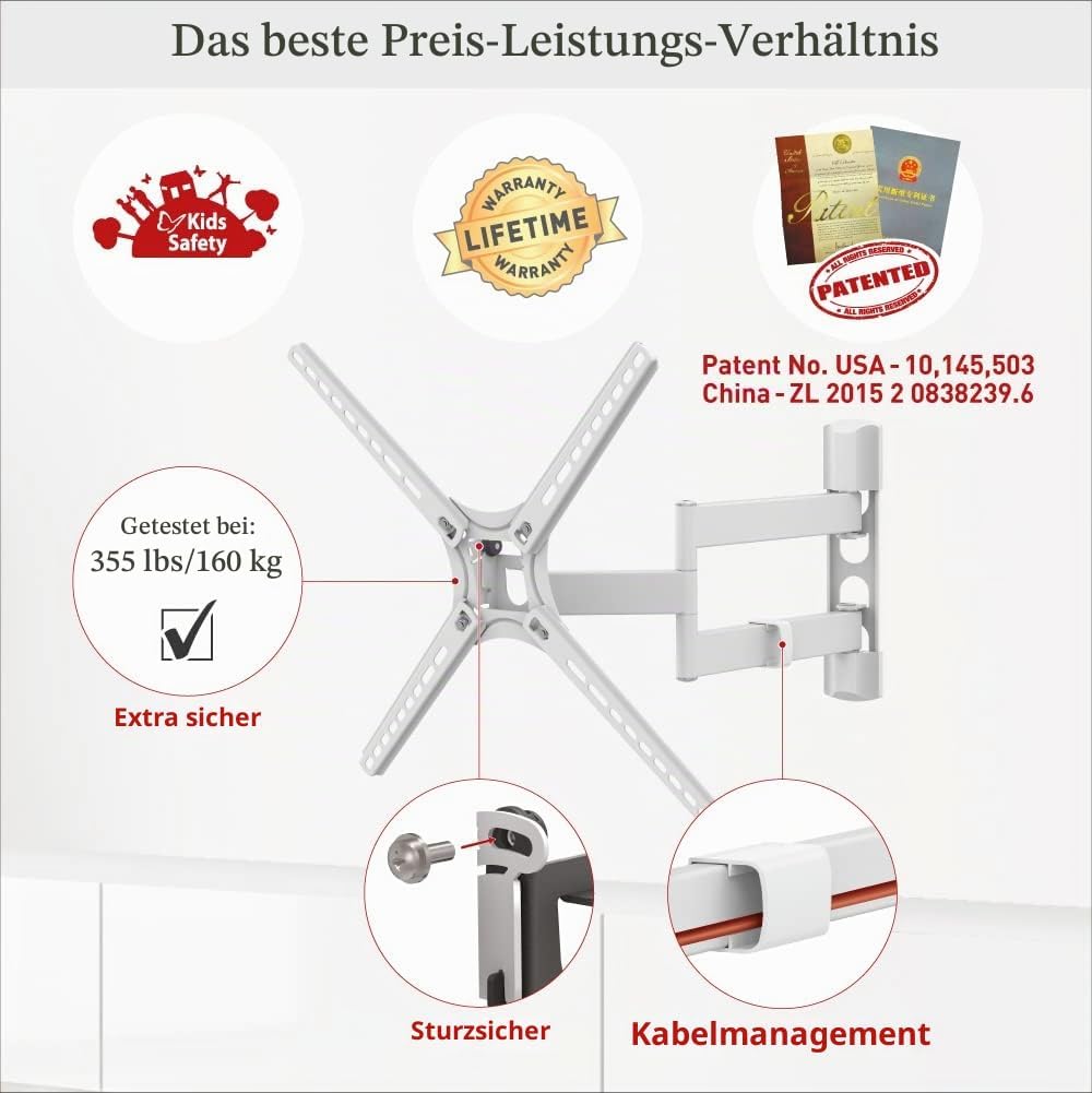 Barkan Weiss TV Wandhalterung, 13 - 65 Zoll Schwenkbar / Neigbar / Vollbewegung flach &amp; curved Ferns