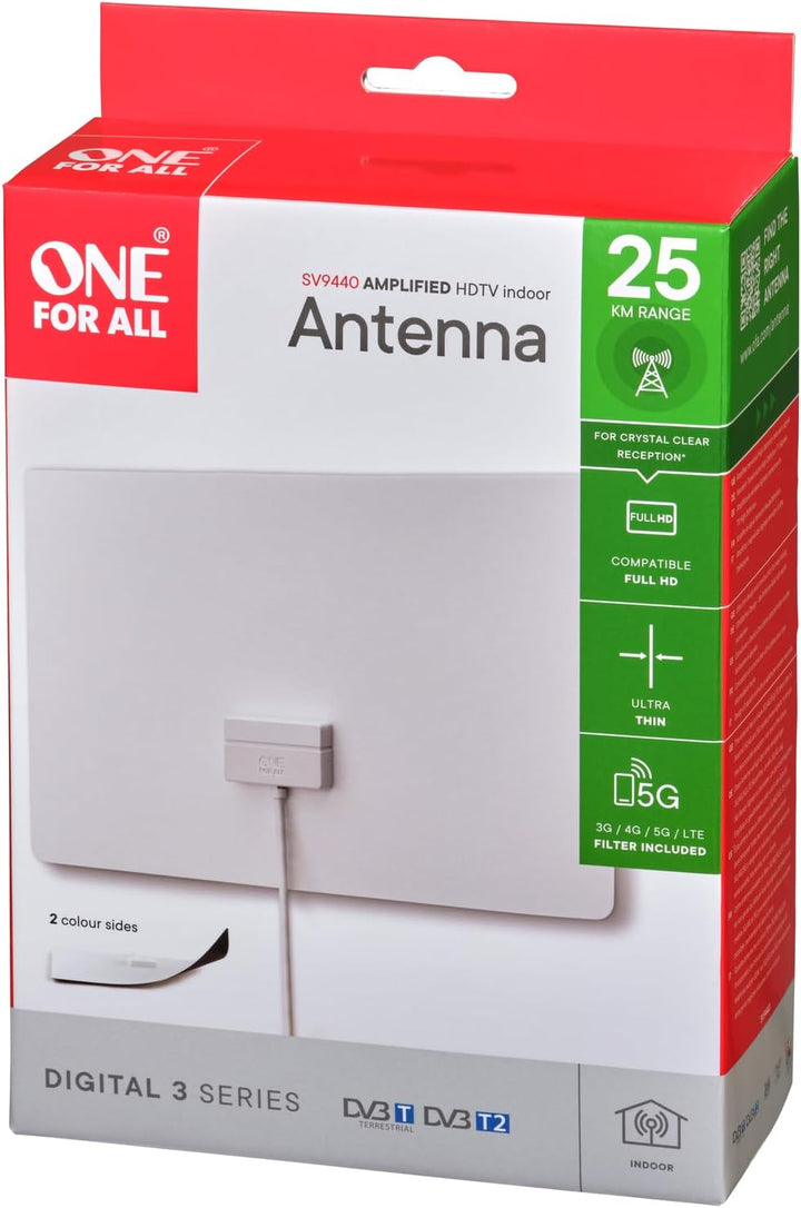 One For All – 3G/4G/5G-blockfilter – Ultraflache DVB-T2 Zimmerantenne– Digital-TV Full HD – An Wand/