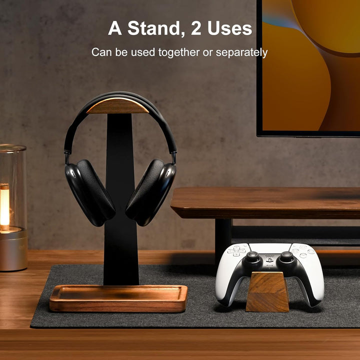 UPERGO Headset Stand with Gaming Controller Holder, Walnut Wood Headphone Stand with Storage Base, G