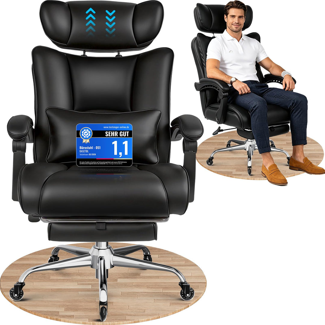 BASETBL Bürostuhl 200kg, Chefsessel mit 4-stufiger Gasdruckfeder, 3D Armlehnen, Verstellbarer Lenden