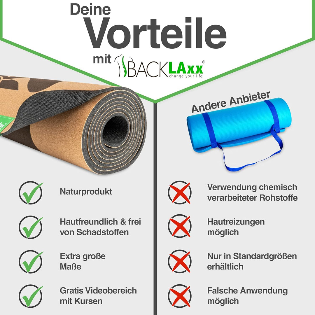 BACKLAXX ® Yogamatte Kork XXL [50% mehr Fläche] mit Naturkautschuk | Yoga-Matte rutschfest | nachhal