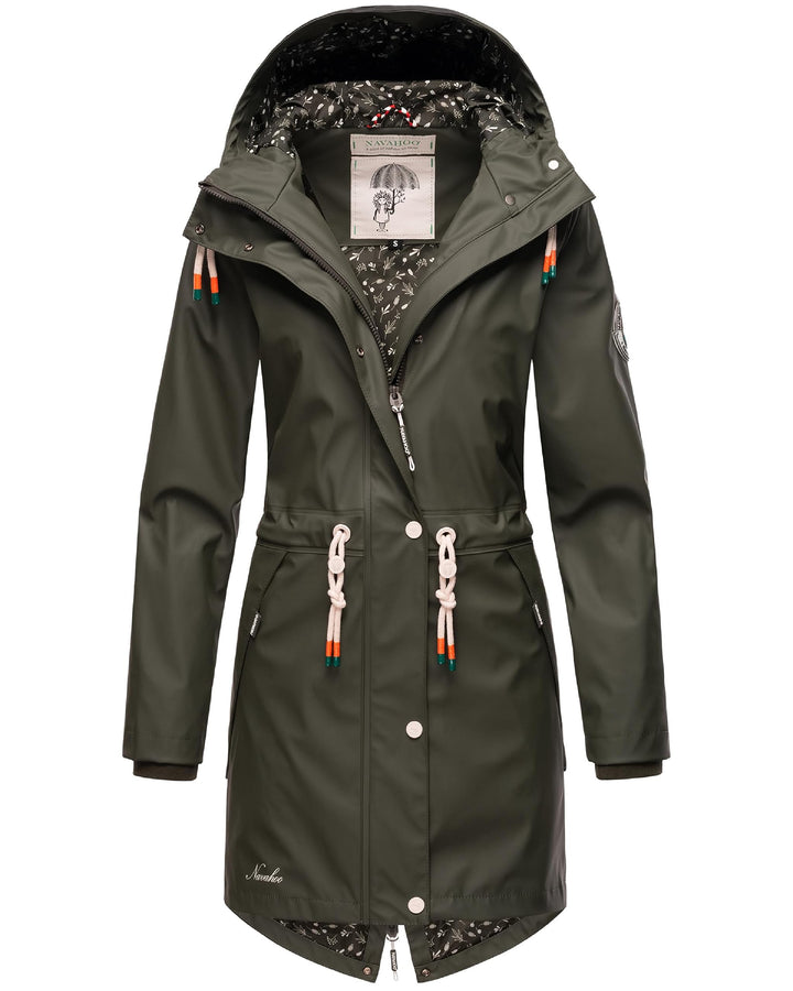 Navahoo Damen Übergangsjacke Regenmantel wasserdicht lang mit Kapuze Tropical Stormoo XS-3XL XS Oliv