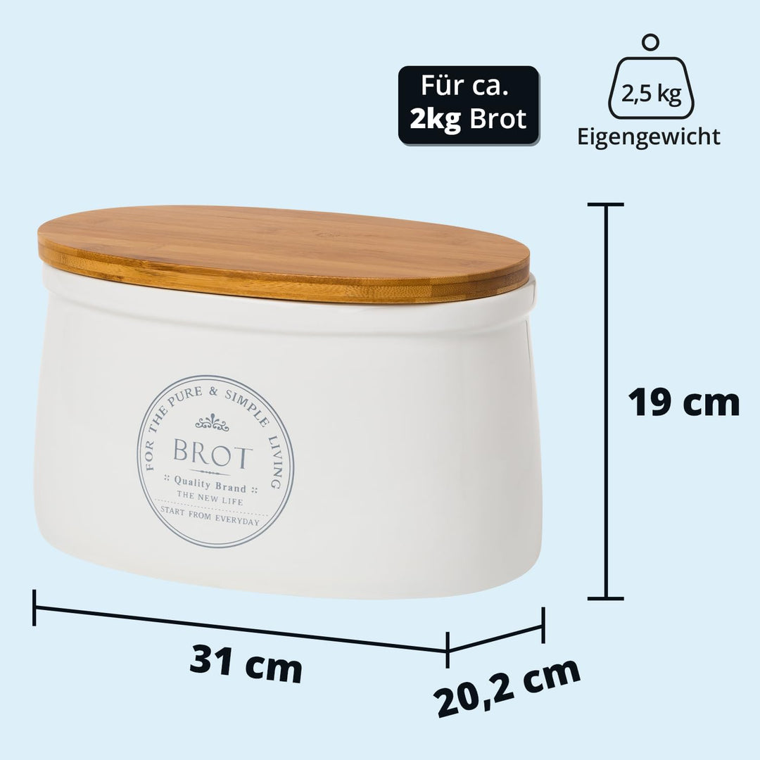 KHG Brotkasten aus Keramik Steingut gross & glasiert in Weiss mit Holzdeckel, Aufbewahrung Brotkaste