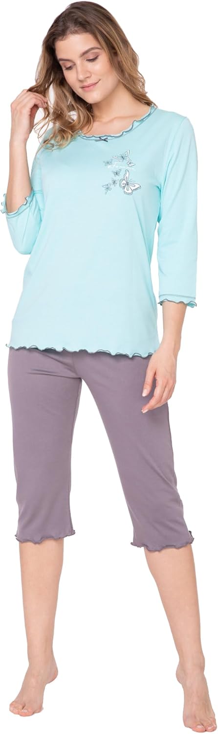 e.Femme® Damen Schlafanzug 259 aus Baumwolle und Modal 36 Mint/Taupe, 36 Mint/Taupe