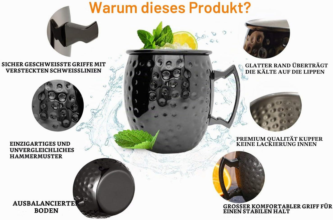 Moscow Mule Becher, Set 4er, Gunmetal schwarz 550ml, Moscow Mule Mug mit 4 Becher, 4 Trinkhalme, 1 M