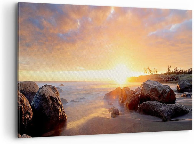 Bilder auf Leinwand 100x70cm Leinwandbild mit Rahmen Meer Strand Felsen Gross Wanddeko Bild Schlafzi