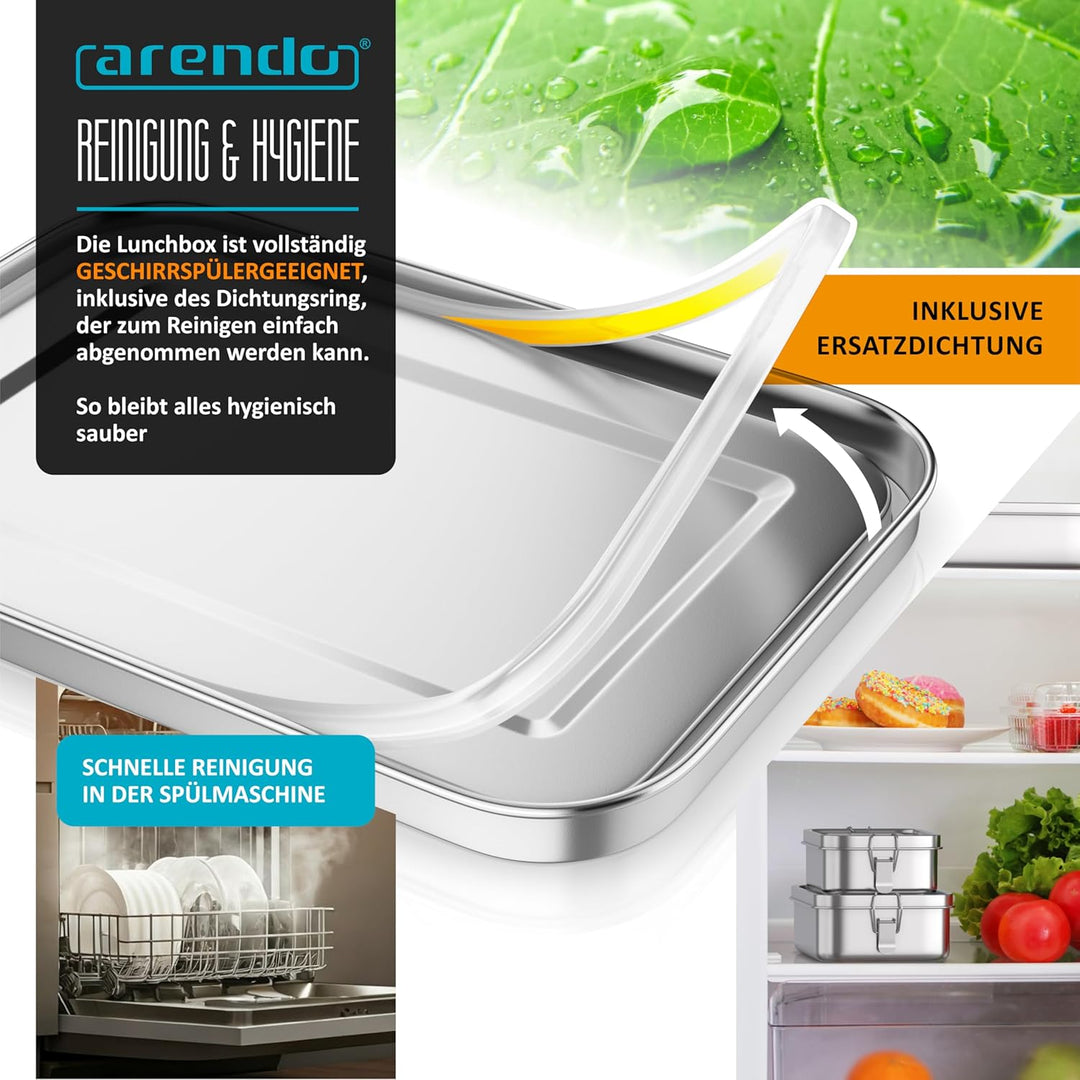 Arendo - Lunchbox Edelstahl – Brotdose 1400 ml – mit Fächern – zwei entnehmbare Trennwände - auslauf