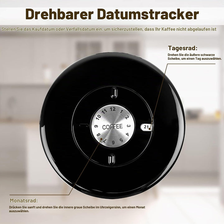 Kaffeedose 500g Bohnen Kaffeedose Luftdicht 1500ml mit Löffel und Kalenderrad, Edelstahl Kaffee Dose