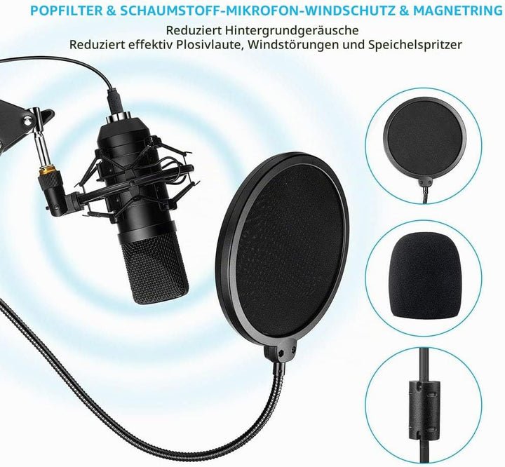 Diealles Shine Kondensator Microphone, Mikrofon PC Mit Arm, Podcast Mikrofon Set 192KHz/24 Bit Mit T