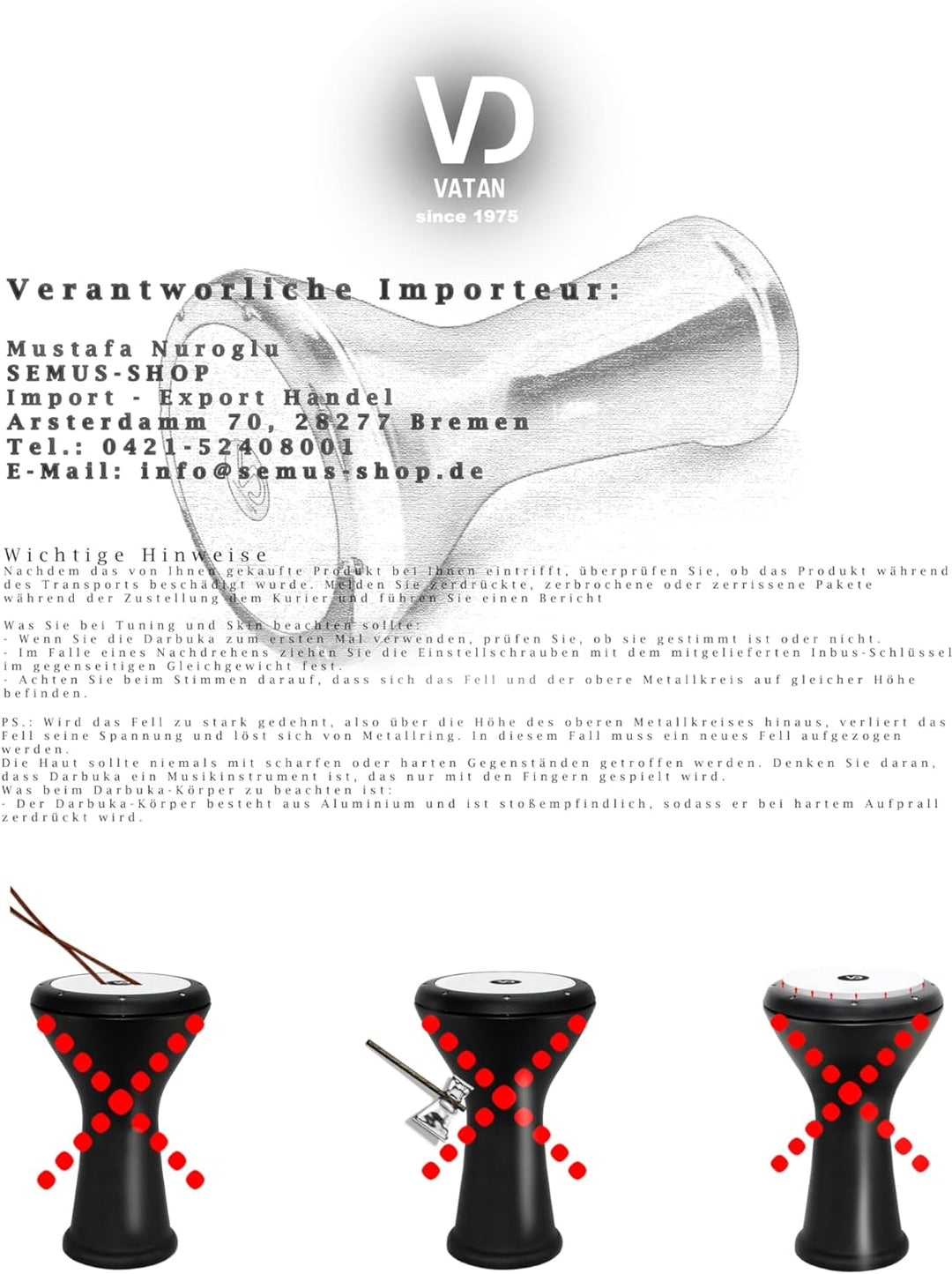 VD Vatan 3002 Ägyptische Darbuka, mit Beschichtung aus Kunstleder, gross, Durchmesser 22 cm, schwarz