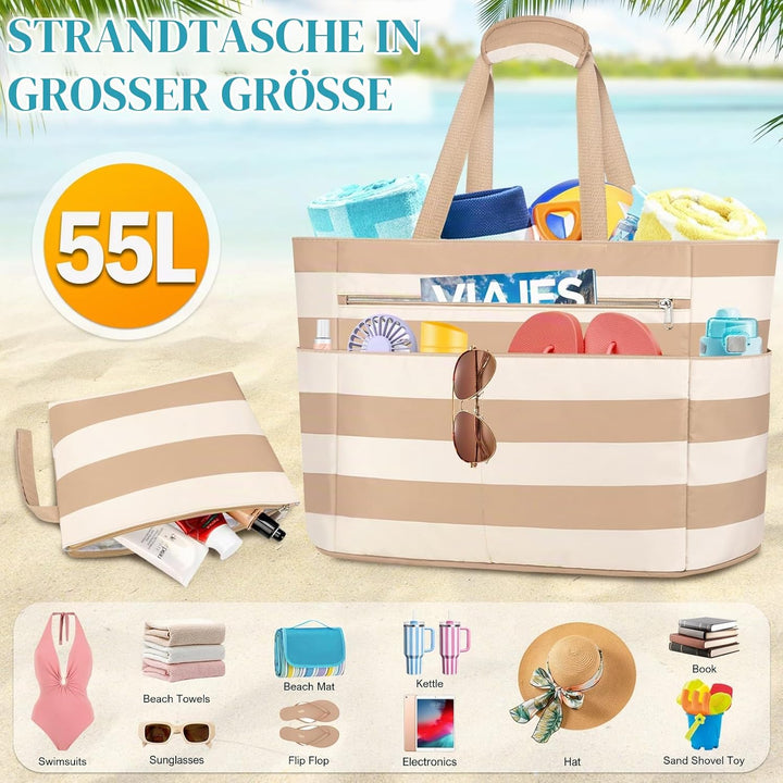 Strandtasche mit Reissverschluss XXL Familie Strandtasche Damen Gross Shopper Tasche Beach Tote Bag