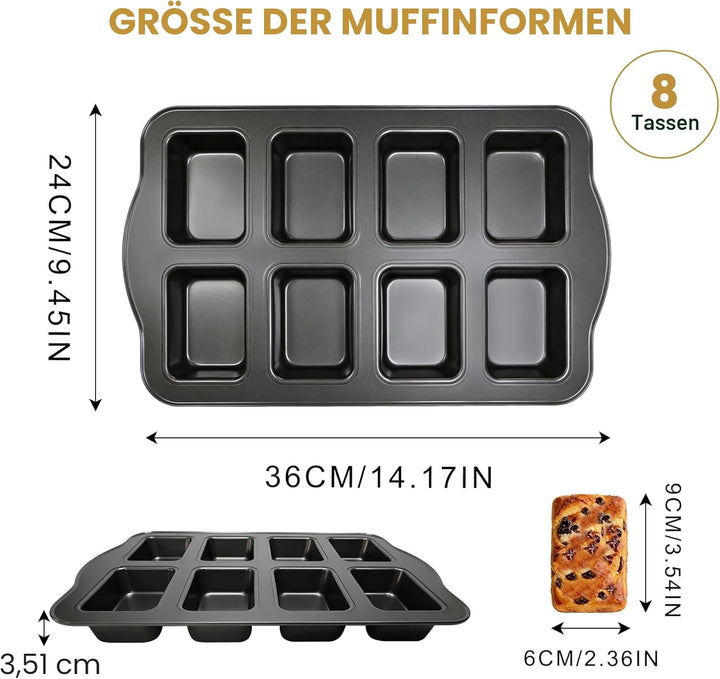 8 Mini-Kastenformen, Kastenform, antihaftbeschichtet, Karbonstahl, Backform zum Backen, Grau (1 Set)