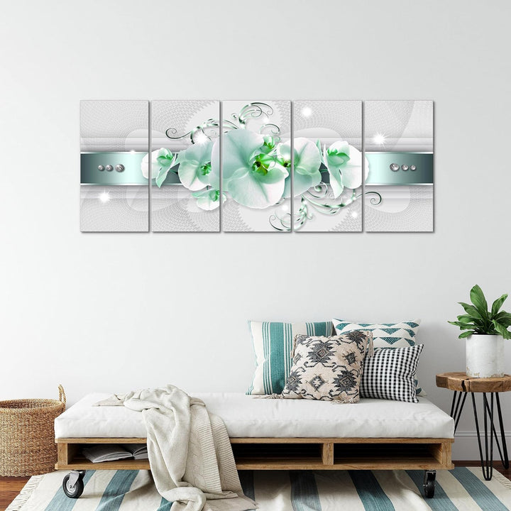 Runa Art Wandbild XXL Blumen Orchidee Wohnzimmer Schlafzimmer 200 x 80 cm Grau Grün 5 Teilig - Made