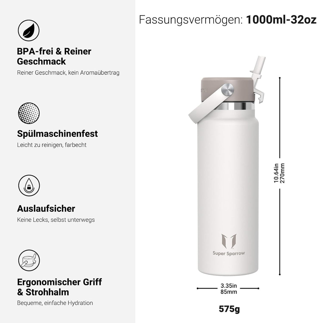 Sparrow Trinkflasche Edelstahl 1000ml - Weiter Öffnung SwivelSip Thermosflasche mit Strohhalm - BPA-