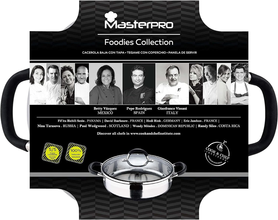 MasterPro Foodies | Niedriger Kochtopf mit Glasdeckel | 3,8 L Fassungsvermögen | Hergestellt aus Ede