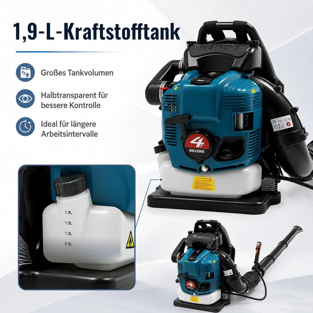 Laubbläser Benzin Rucksack 75,6 CCM 4-Takt 498 CFM Luftvolumen | 2600 W 7000 U/min Ideal für Rasenpf