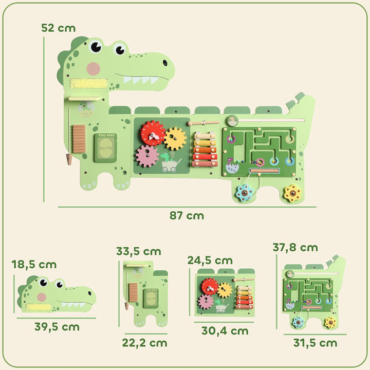 AIYAPLAY Montessori Motorikbrett Holz Busy Board Dinosaurier ab 2 Jahr | Wandmontiertes Activity Boa