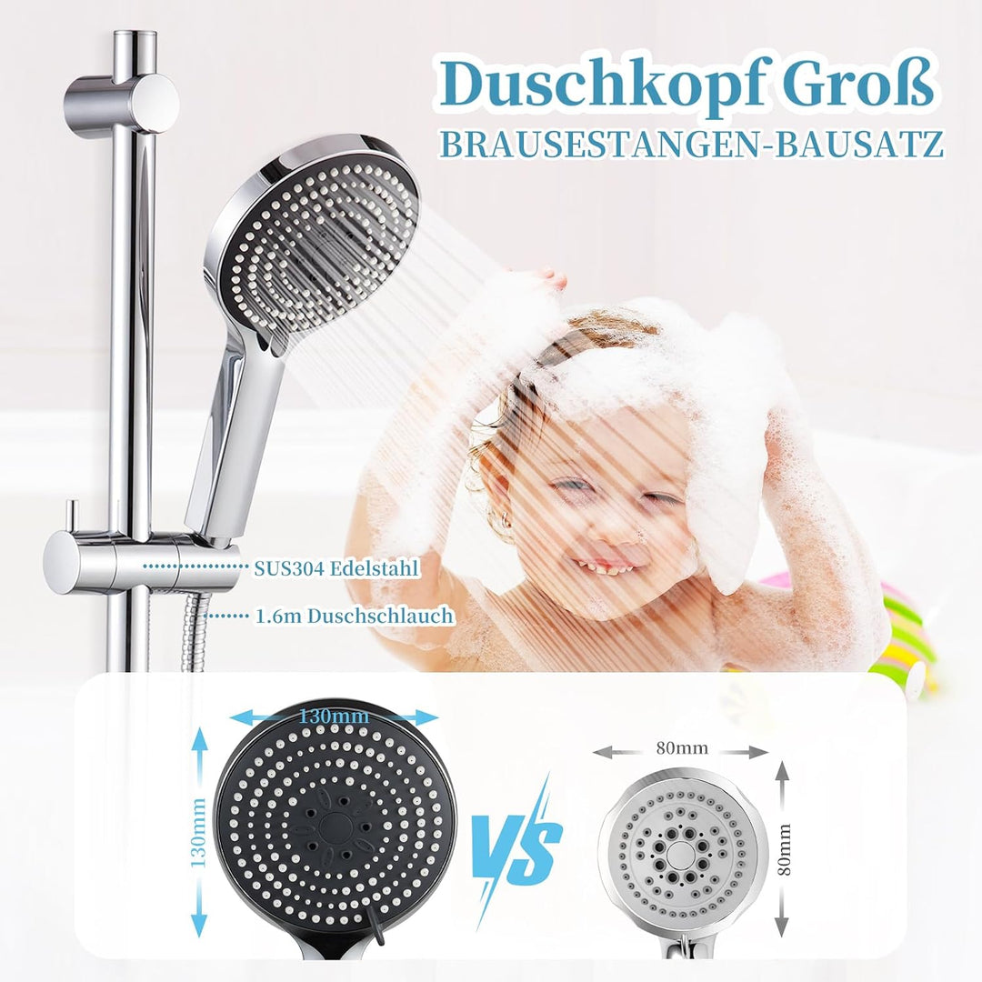 OFFO Brausestange Duschkopf mit 6 Strahlarte, 1,6 m Edelstahl Duschschlauch, verstellbarem 60cm Stei