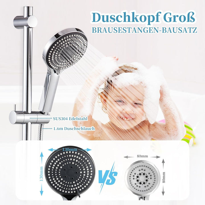 OFFO Brausestange Duschkopf mit 6 Strahlarte, 1,6 m Edelstahl Duschschlauch, verstellbarem 60cm Stei