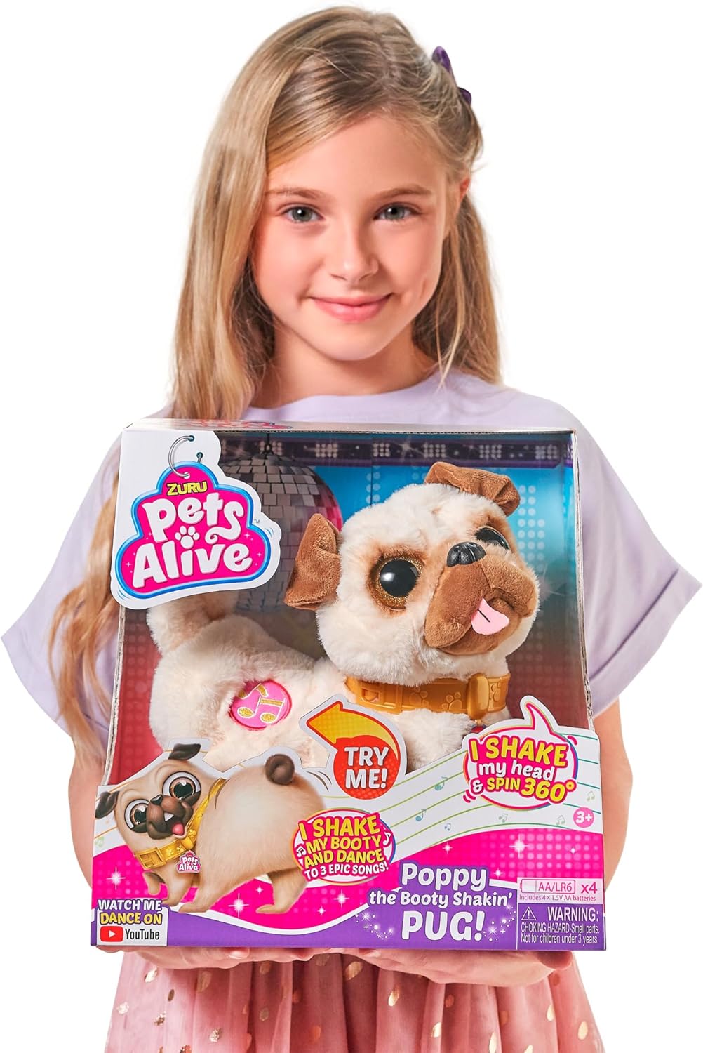 Pets Alive 9521 Poppy The Booty Shakin Pug, Plüsch-Mops, wackelt mit dem Kopf und Po und dreht Sich,