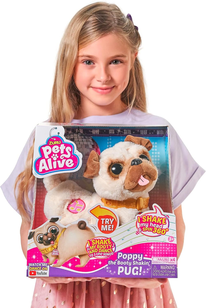 Pets Alive 9521 Poppy The Booty Shakin Pug, Plüsch-Mops, wackelt mit dem Kopf und Po und dreht Sich,